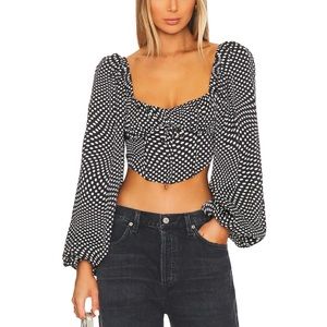 Kat Top For Love & Lemons polka dot puff sleeve crop top corset black and white